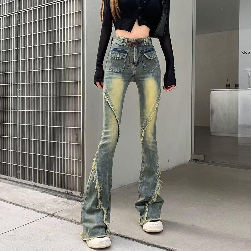 

Women s High-Waisted Retro Flared Jeans with Tie-Up Detail M