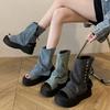 New Denim Rivet Open-toe Cool Boots Thick-soled Muffin Trousers Boots Thin Boots Small Women's Shoes