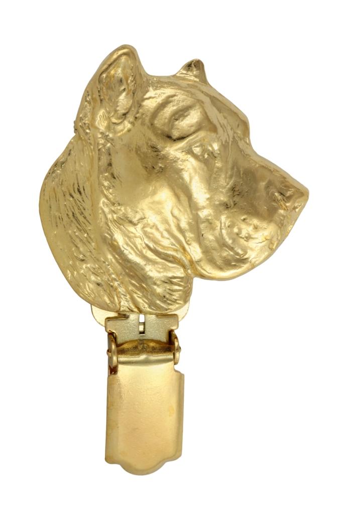 Presa Canario, Dogo Canario, Canary Mastiff – Brooch with a clip, gold-plated holder for a race number | Art-Dog