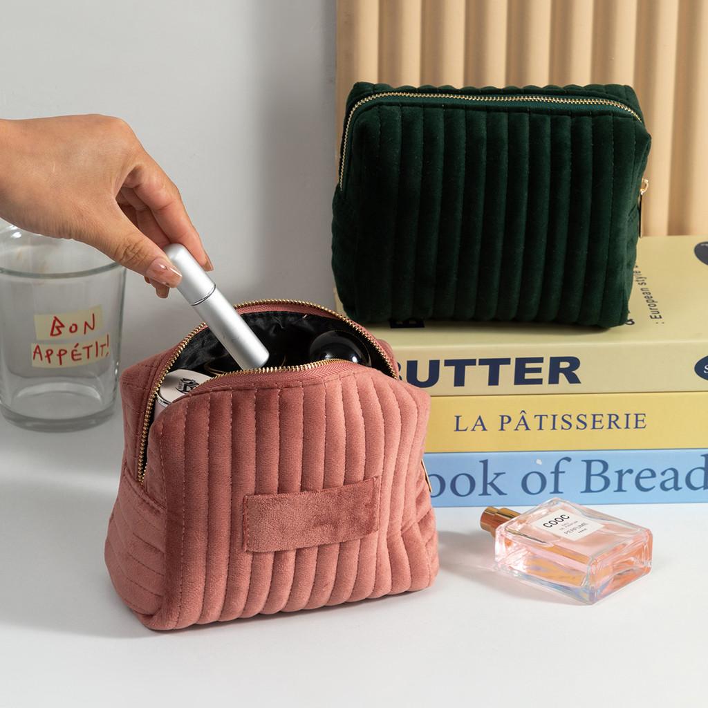 Velvet Makeup Bag With Striped Quilted Design For Women Portable Organizer