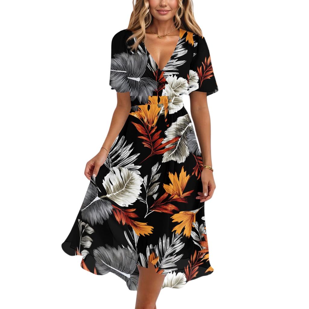 Women's Fashion Casual V Neck Short Sleeve Ruffled Vintage Printed Dresses