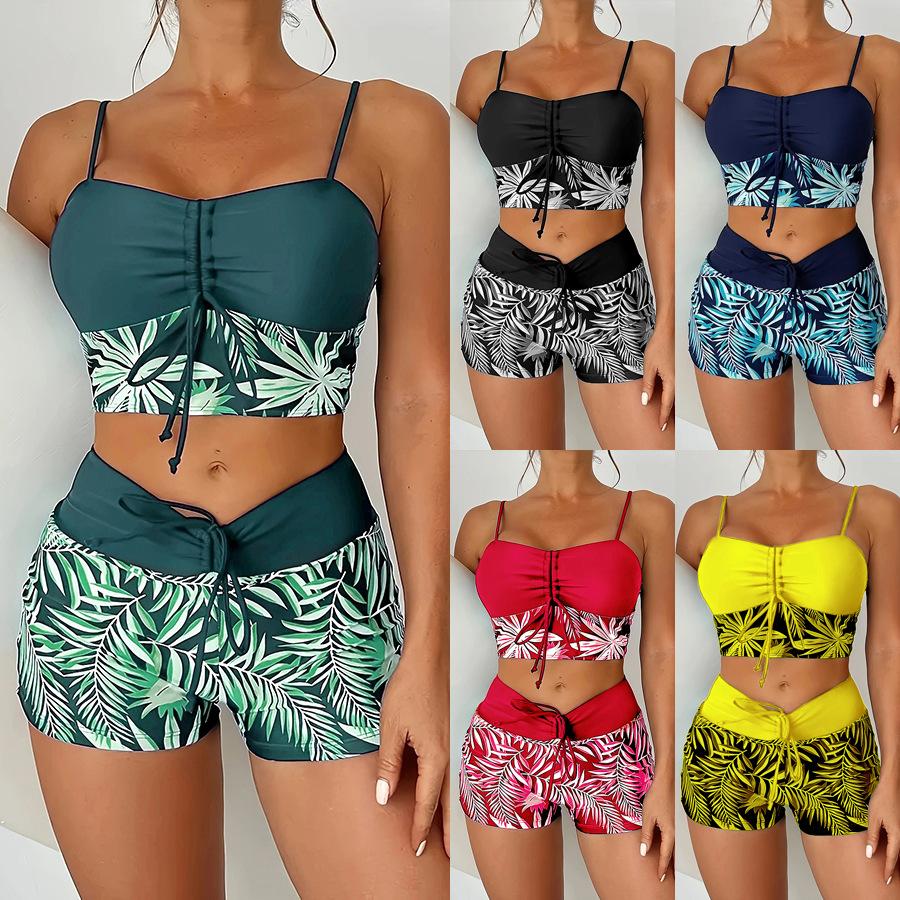 High waist flat angle strap print solid color splicing print large size swimsuit