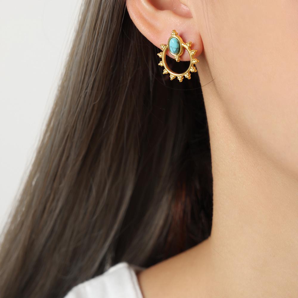Sun-Shaped Titanium Steel Earrings with Natural Stone Inlay - Niche Light Luxury Style