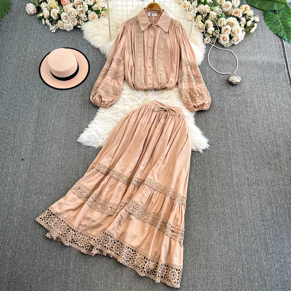 Lace Panel Long Sve Irt And High Waist Flared Skirt Set Women's Faion Ensemble Hollow Out Design Slimming Women Suit 2 Pieces Set