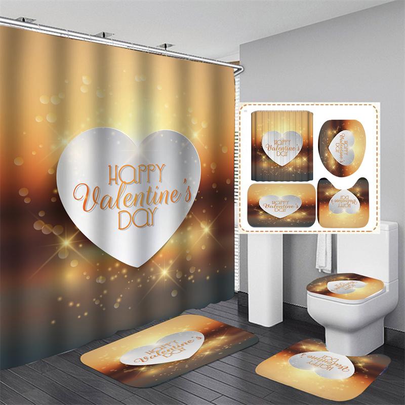 Valentine's Day Bathroom Bathing Waterproof Shower Curtain Home Entrance Doormat Bathtub 4Pcs Set Toilet Seat Cover Rugs Bath Non-Slip Floor Mat Love