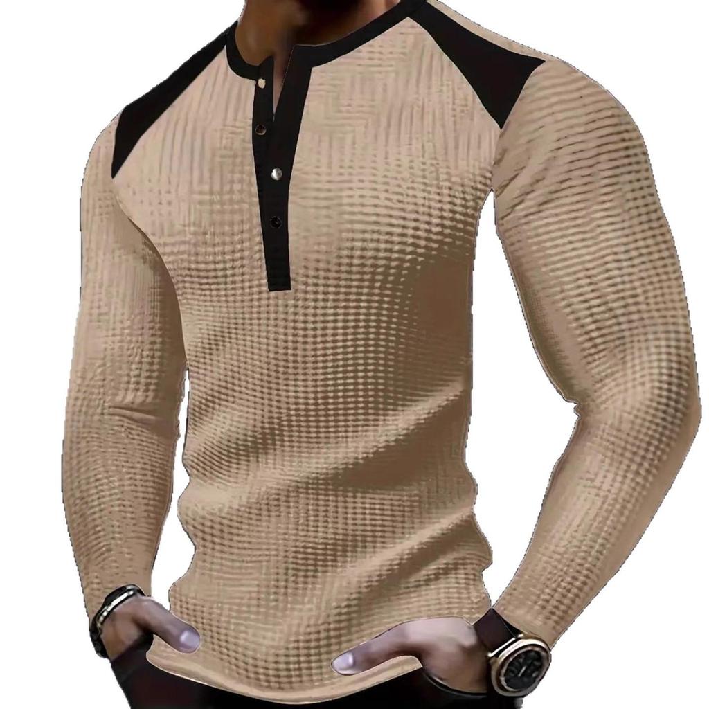 Men's European & American Style V-Neck Waffle Top - Breathable Autumn Casual Wear with Hot Buckle