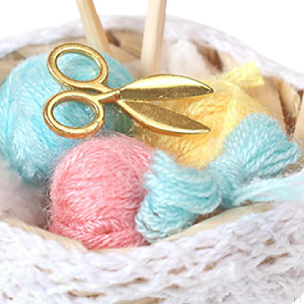 1/12 Dollhouse Woolen Yarn in Basket Knitting Miniature with Scissors for