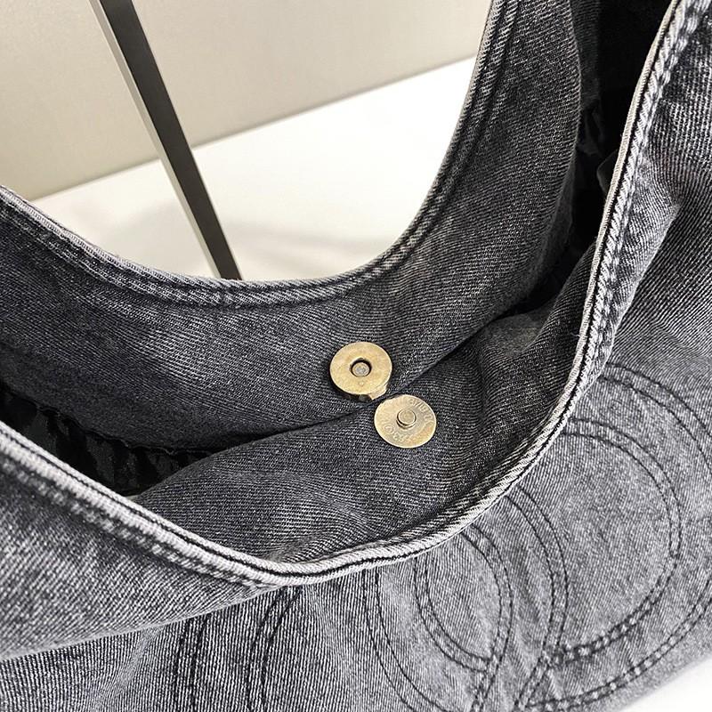 Vintage Denim Tote Bag With Pearl Chain Strap Large Capacity Shoulder Beach Travel Daily Use
