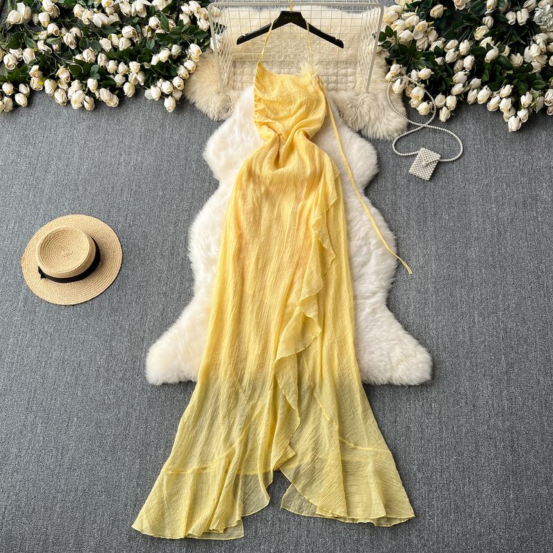 Seaside Holiday Sexy Halter Backless Dress Women's Summer Tight Waist Elegant Asymmetrical Ruffles Chiffon Dress