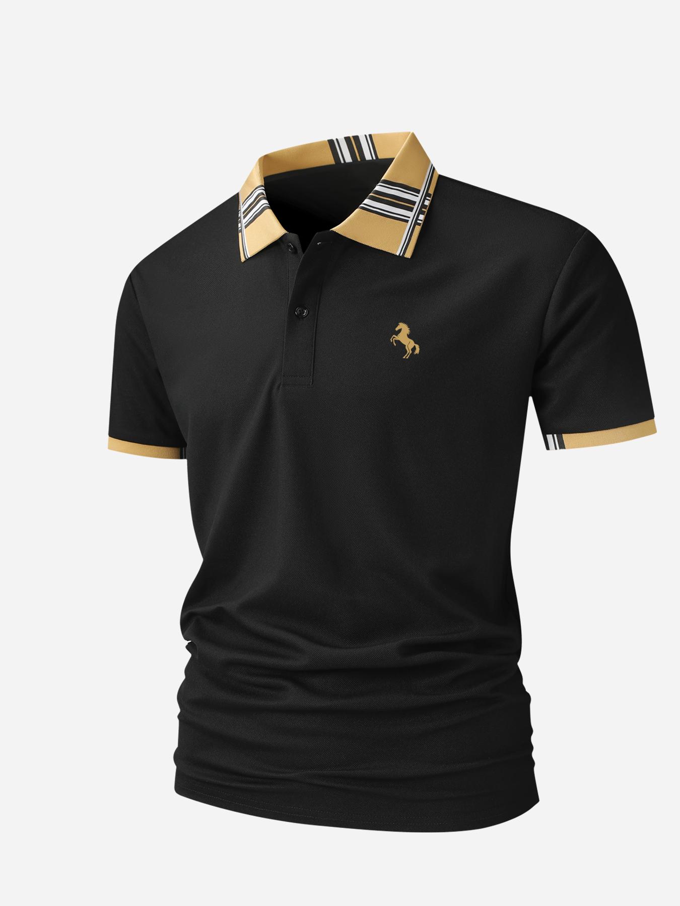 Men s Black Gold Contrast Stripe Collar Polo Shirt, Horse Embroidered Business Casual Short Sleeve Top L чёрный