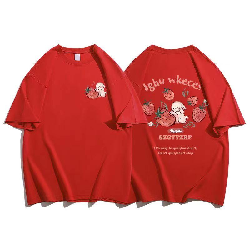 

100 Cotton WomenS TShirts Cute Strawberry and Rabbit Prints Short Sleeve ONeck Loose Breathable Tops Summer Female Clothes S