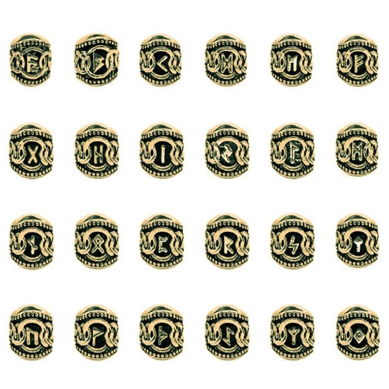 24x Wikinger-Runen-Alphabet-Zeichenperlen Bartperle für Männer Lose Abstandshalterperle DIY Schmuck Haarteil Schmutziges Zopfornament