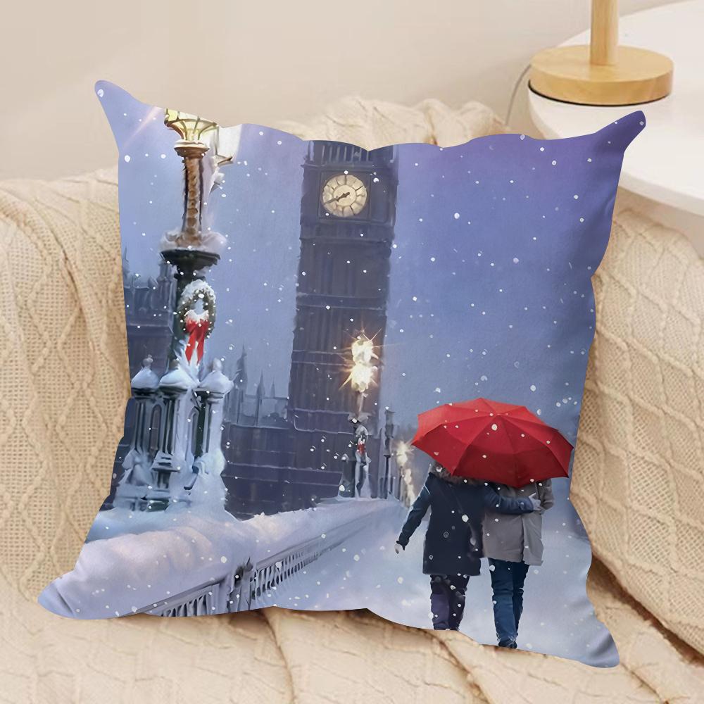 World Landmark Christmas Cushion Cover Silky Short Plush Invisible Zipper Dustproof Sofa Pillow Case For Home Decor