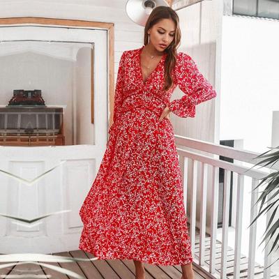 Spring Long Print Dress For Women Casual Slim High Waist V Neck Flare Sleeve Summer Ladies Floral Maxi Dresses