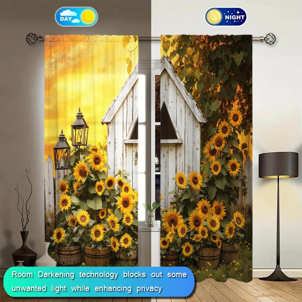 2 Stück Sonnenblumen Holzhaus Dekorative Vorhänge   Halb Verdunkelnde Vorhänge   Schutz der Privatsphäre