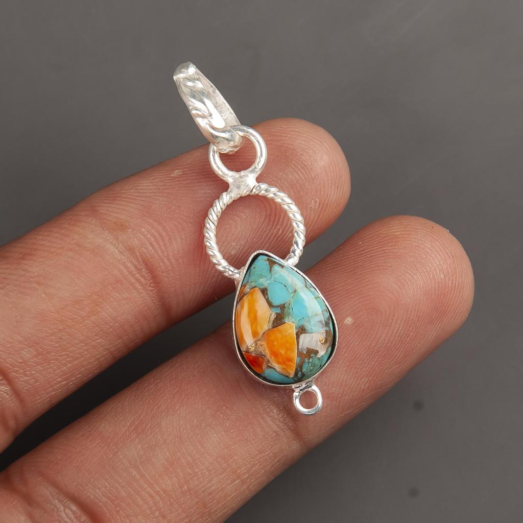 Natural Spiny Oyster Copper Turquoise Gemstone 925 Sterling Silver Handmade Multi Stone Pendant 1.40" Gift For Her PP-12-36