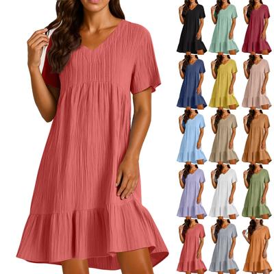 Ladies' Casual And Fashionable Solid Color Dress, Loose Short Sleeved Waist Cinched Dress