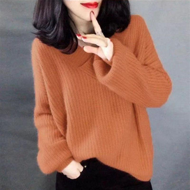 Large Size V-neck Sweater Women  Autumn Winter Loose Fitting Women's Long Sleeve Top Pullover Knitwears Bottoming
