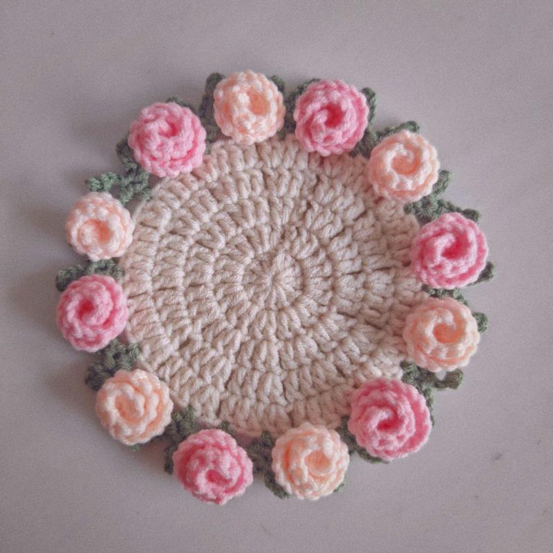Handmade Rose Bouquet Crochet Coaster Heat Insulation Mug Placemat Cup Pad Flower Basket Shape Mat Home Table Decoration Tools