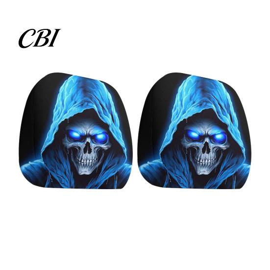 Universal Fit Auto Accessories 2PCS Car Headrest Cover with Scary Face Printing, Breathable Stretch Knitted Knit Fabric Dust Cover, Halloween
