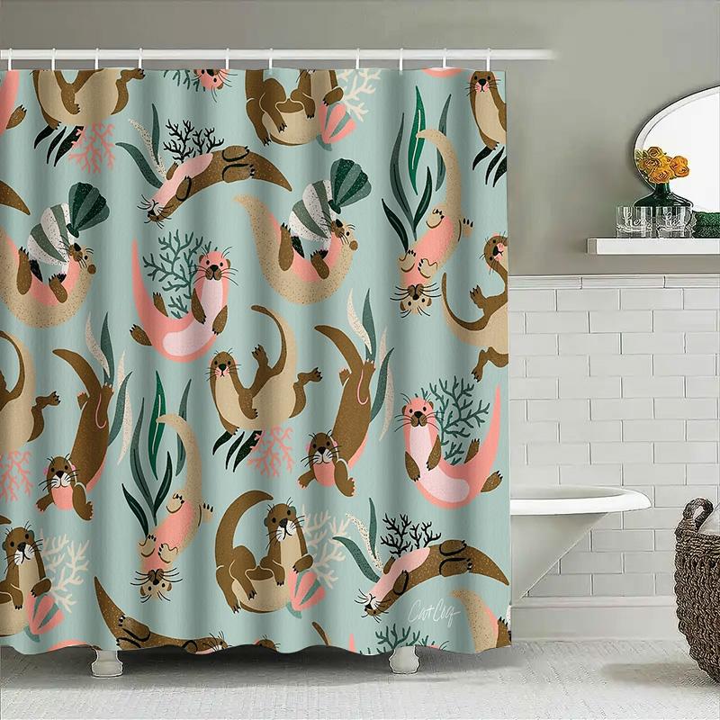 Cute Otter Shower Curtain Forest Animal Bathroom Decor Woodland Nature Waterproof Fabric Backdrop For Spa