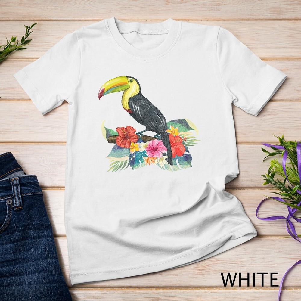 

Vintage Retro Style Tropical Flowers Leaf Birds Toucans Unisex T-shirt XL
