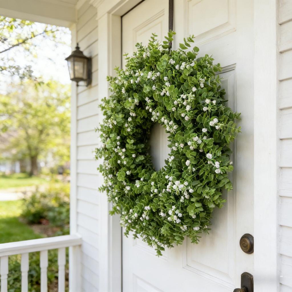 60cm Eucalyptus and Baby's Breath Artificial Greenery Wreath for Door Wall Decoration Home and Office Hanging Ornament