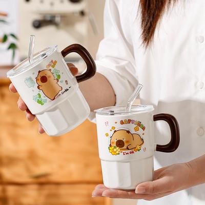 Capybara Ceramic Mug with Lid & Straw - Perfect for Home, Office, or As a Student Gift