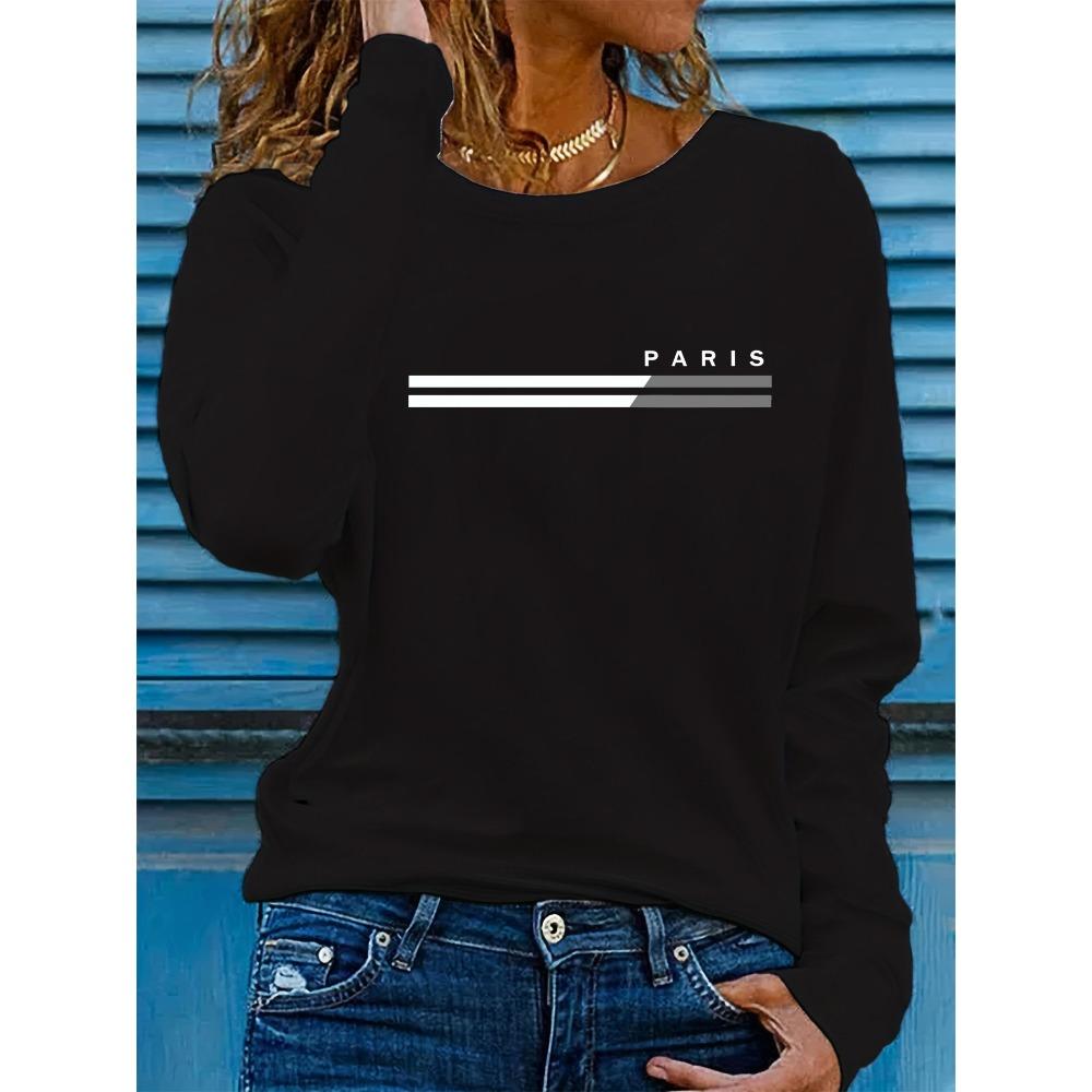 Women's Spring and Autumn Comfortable Casual Fashion Long Sleeve Paris Letter Printed Round Neck T-shirt