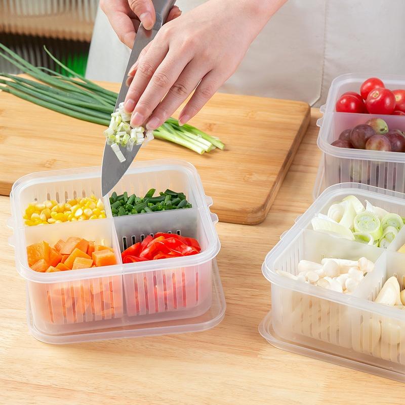 Refrigerator Storage Box 4 Grid Food Vegetable Fruit Storage Box Fridge Organizer Drain Basket Meat Onion Ginger Clear Crisper