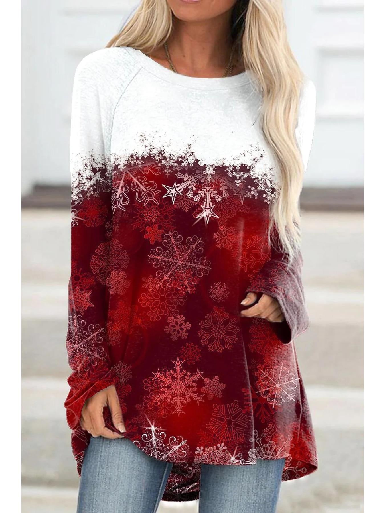 

Женская футболка больших размеров с принтом на весну и Рождество, удобная, с длинным рукавом и круглым вырезом, повседневная, свободного кроя, средней длины, топы 8XL красный