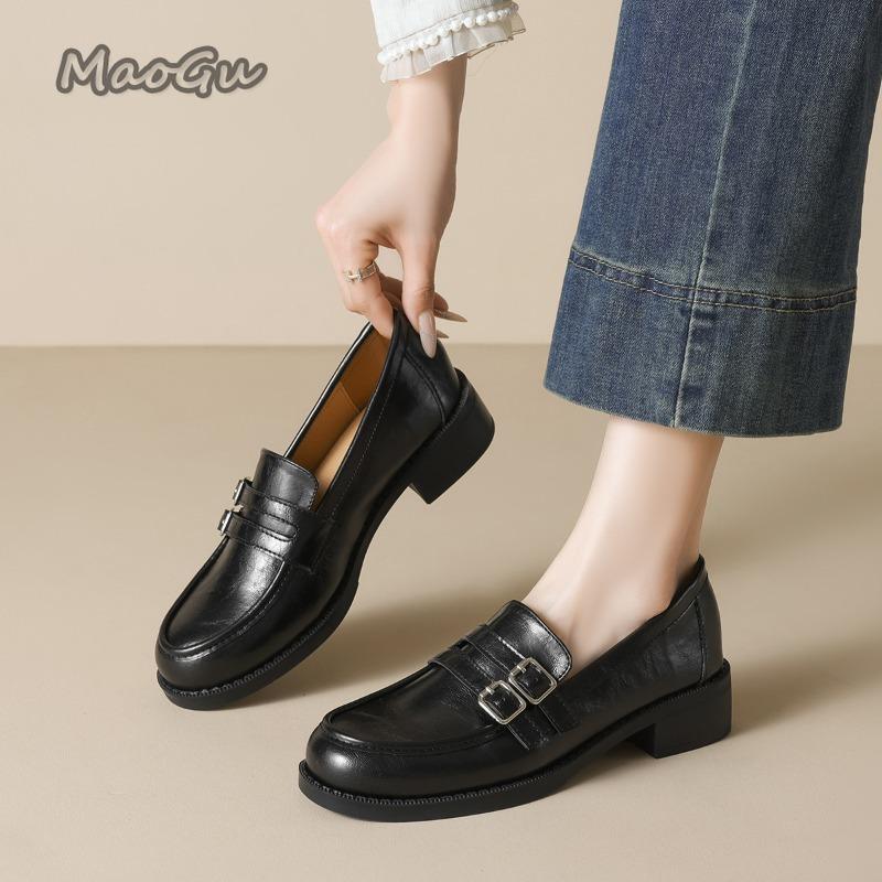 Fashion Thick Soled Loafers for Women Spring Autumn Black Single Shoes Elegant Office Ladies British Style Shoes Leather Mid Heel Pumps