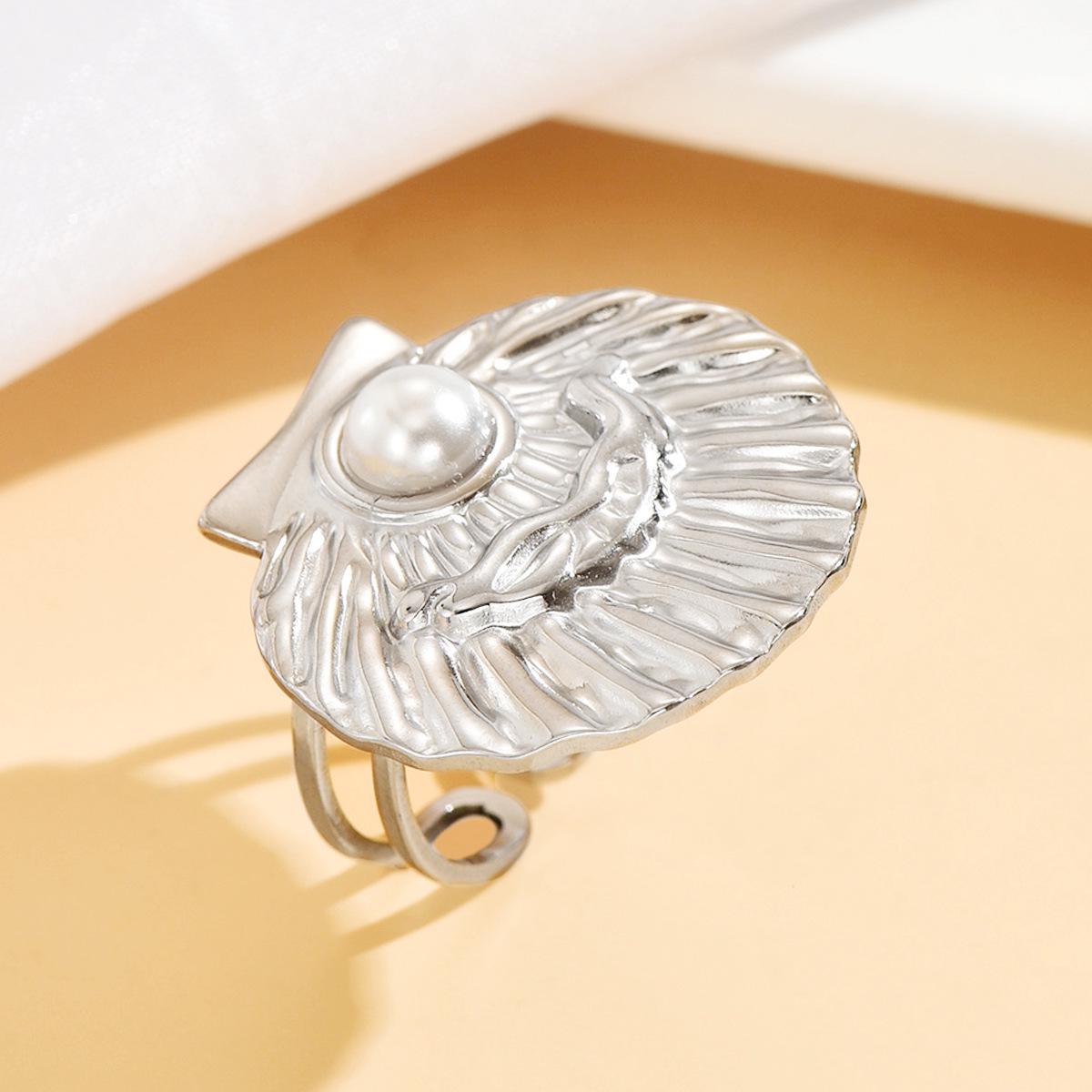 Ocean-inspired Pearl Shell Ring: Women s Stainless Steel Jewelry for Casual or Vacation Wear