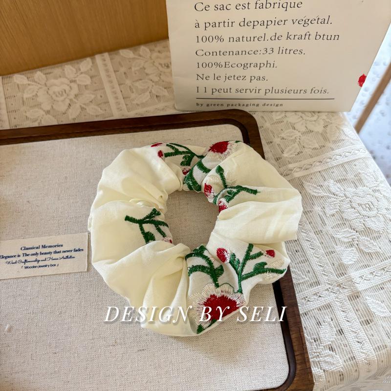 2024 Blue & White Embroidered Scrunchie with Yellow Jacquard Texture - Gentle on Hair