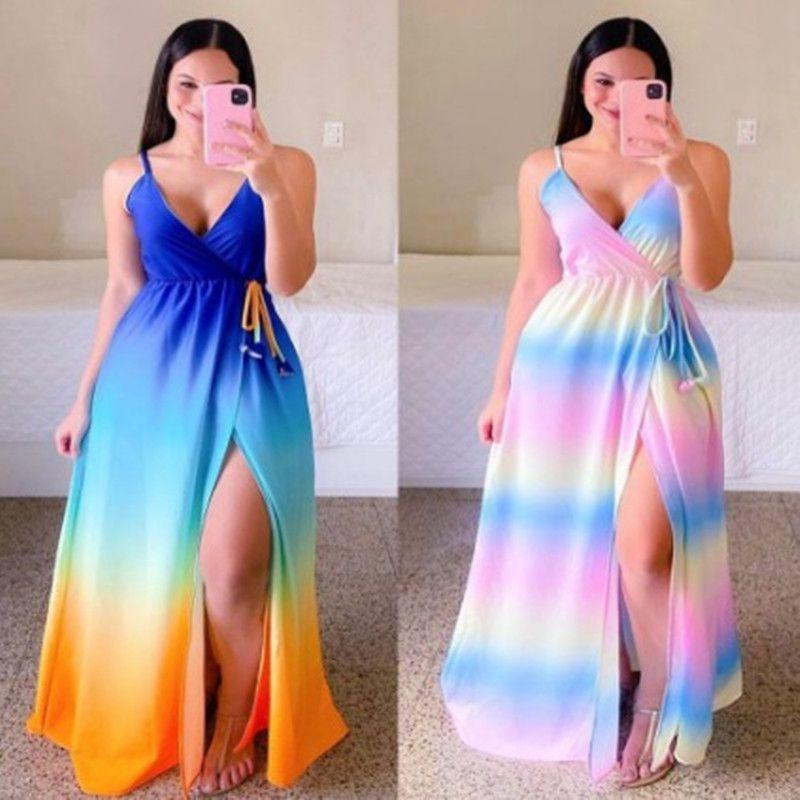 

European Amazon Split Dress V-neck Strap Blue M