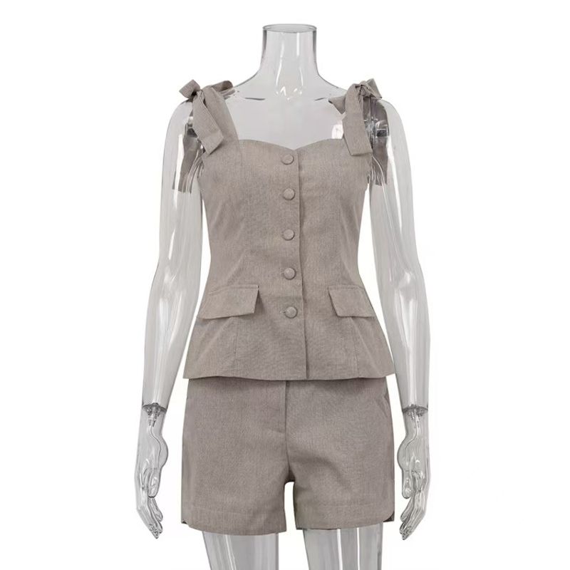

European and American Fashion Sexy Lace-up Bow Vest Shorts Set Strap Bow Vest Shorts Set Khaki S