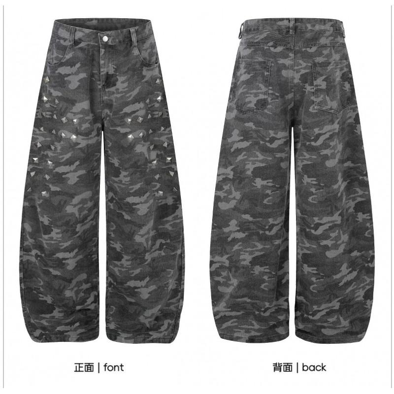 American Street Camo Wide Leg Jeans Loose Fit Casual Dance Pants Men Women