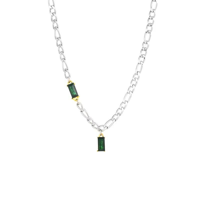 Niche design exquisite emerald zircon splicing light luxury retro necklace hip hop cool titanium steel Cuban collarbone chain