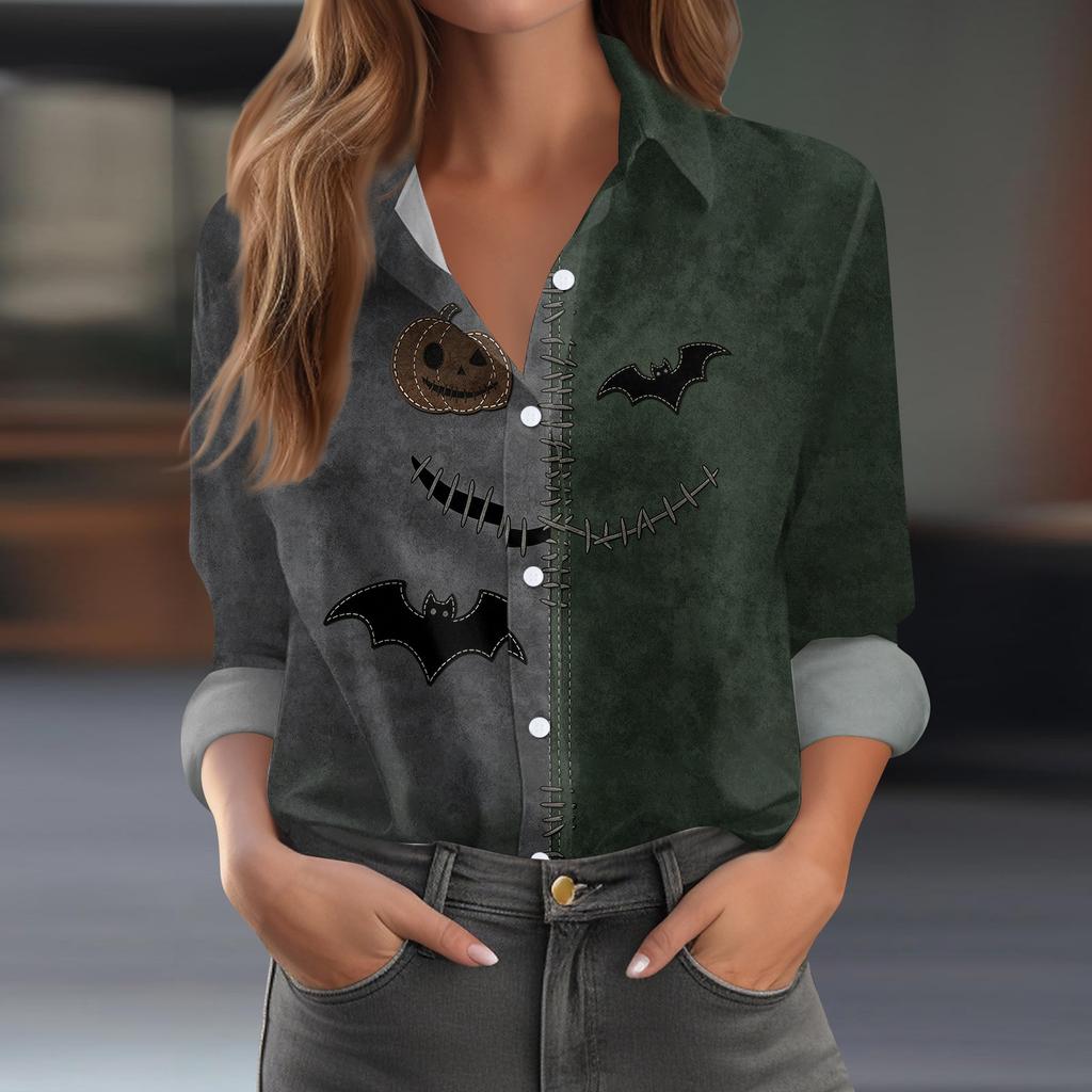 Women's Long Sleeve Button Down Shirt Casual Regular Fit Halloween Print Shirt Top with Classic Collar and Full Button Closure