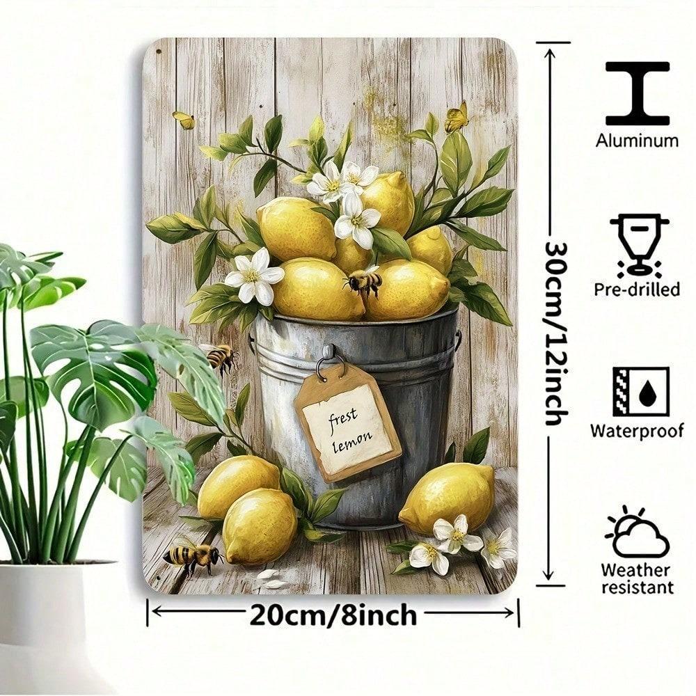 8x12 Inch Rustic Lemon Metal Sign, Vintage Iron Wall Art, Farmhouse Decor with Yellow Lemons