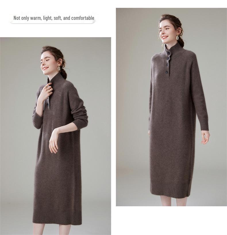 Women's High-Neck Cashmere Knit Dress - Button-Up, Knee-Length, Thick for Autumn/Winter