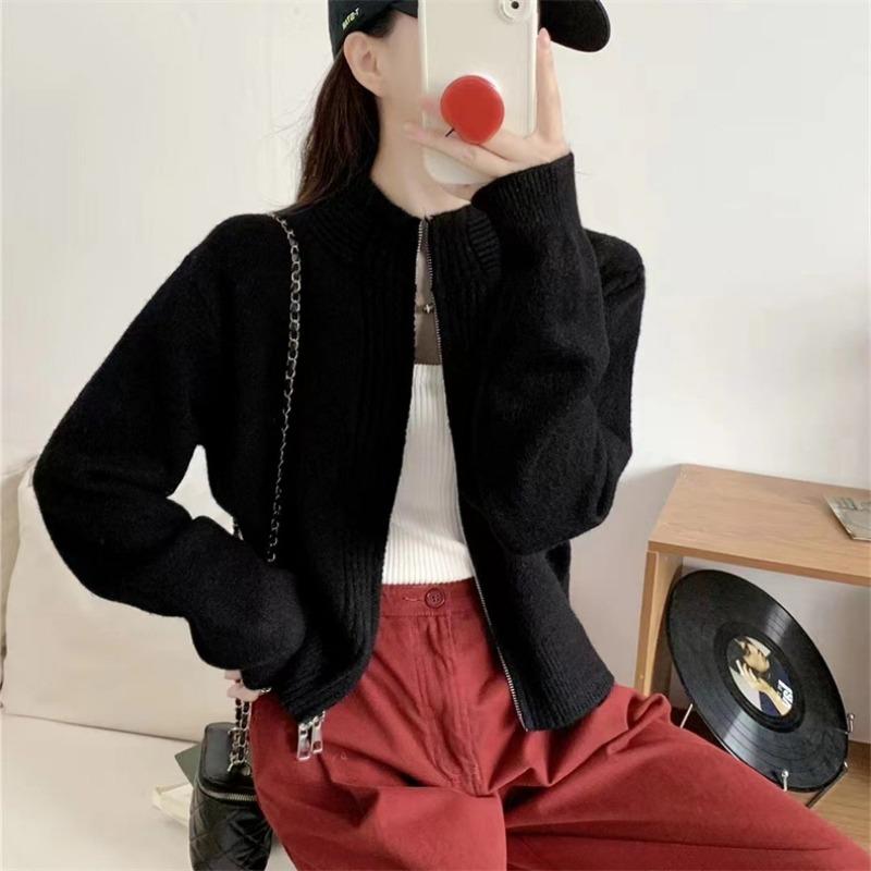 Short design zipper semi-turtleneck knitted cardigan women's small casual simple solid color sweater jacket