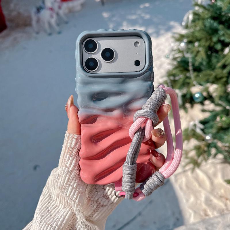 Color Block Pink Cream Textured Case with Lanyard for iPhone 14/15/16 Pro Max & Apple 17