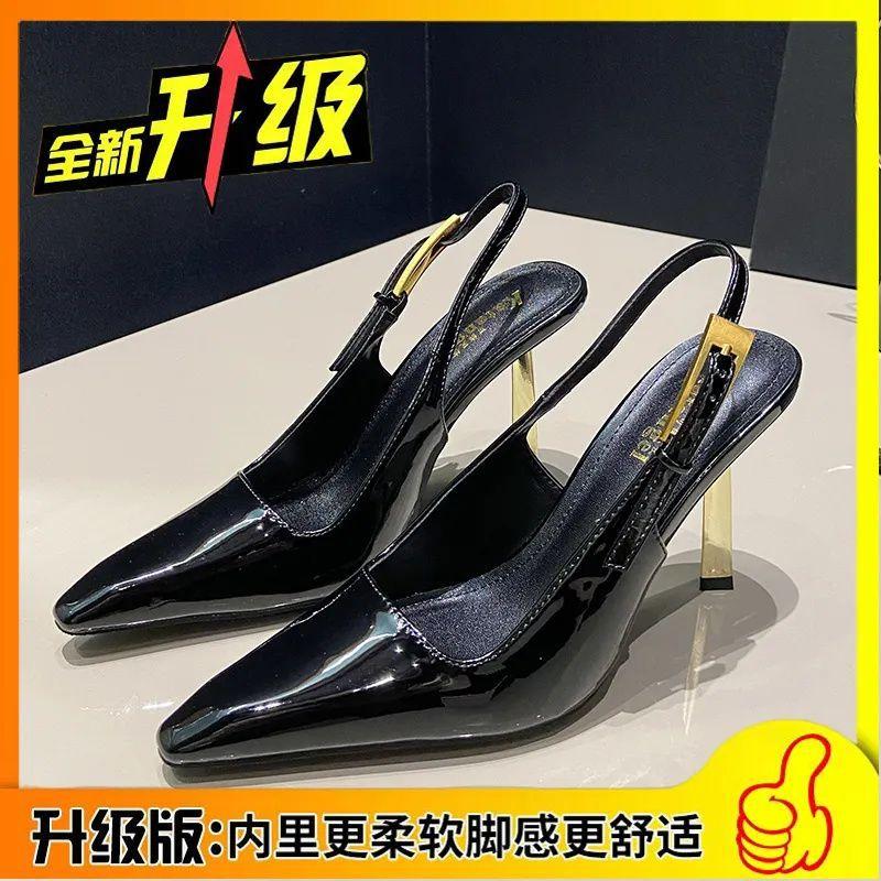 2025 new pointed head temperament high heels female royal sister style patent leather sexy gold fine heel high sense bag head single shoes