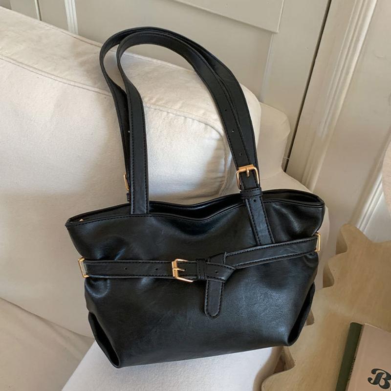 Yogodlns or Daily Commute Shopping Minimalist Vintage Glossy Tote Bag Belt Detail Large Capacity Zipper PU Water Resistant Shoulder Bag
