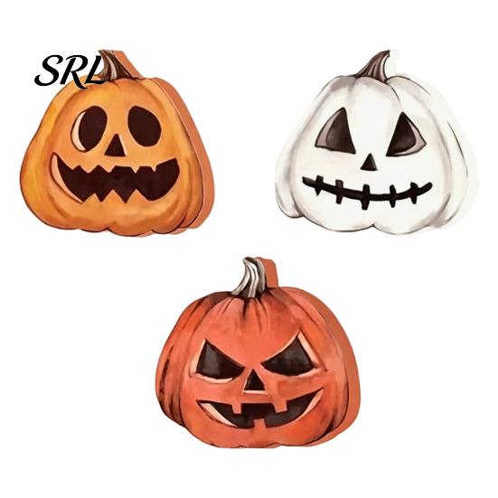 Small Decorative Figurines 3Pcs Halloween Pumpkin Tabletop Decor, Rustic Face Wooden Block Desktop Grimace Decor Ornaments, Farmhouse Craft