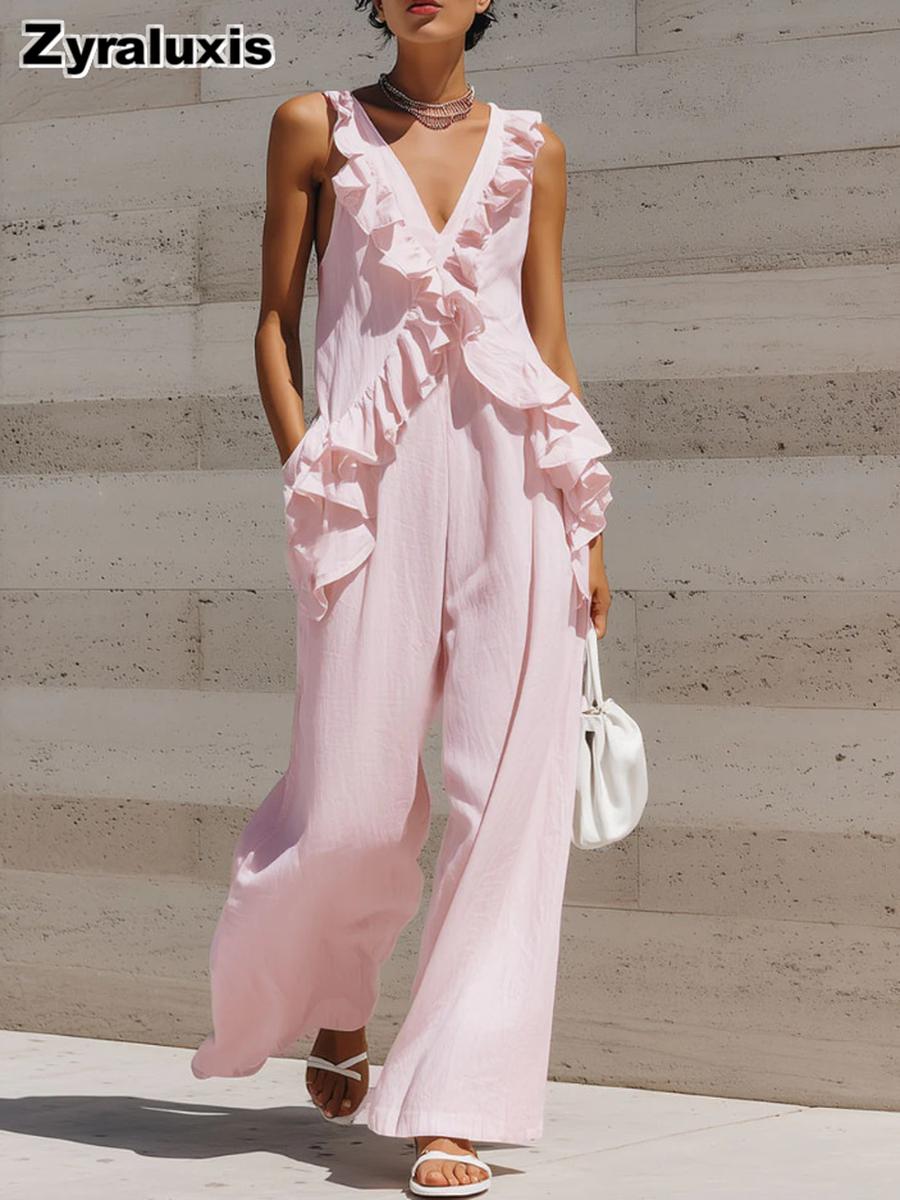 New Women s Casual Resort Style Ruffled Hem Sleeveless V-Neck Solid Color Cotton Linen Jumpsuit XXL