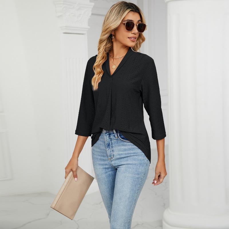 Neue Herbstkleidung für Damen, Jacquard-Oberteile mit V-Ausschnitt, T-Shirts mit mittleren Ärmeln