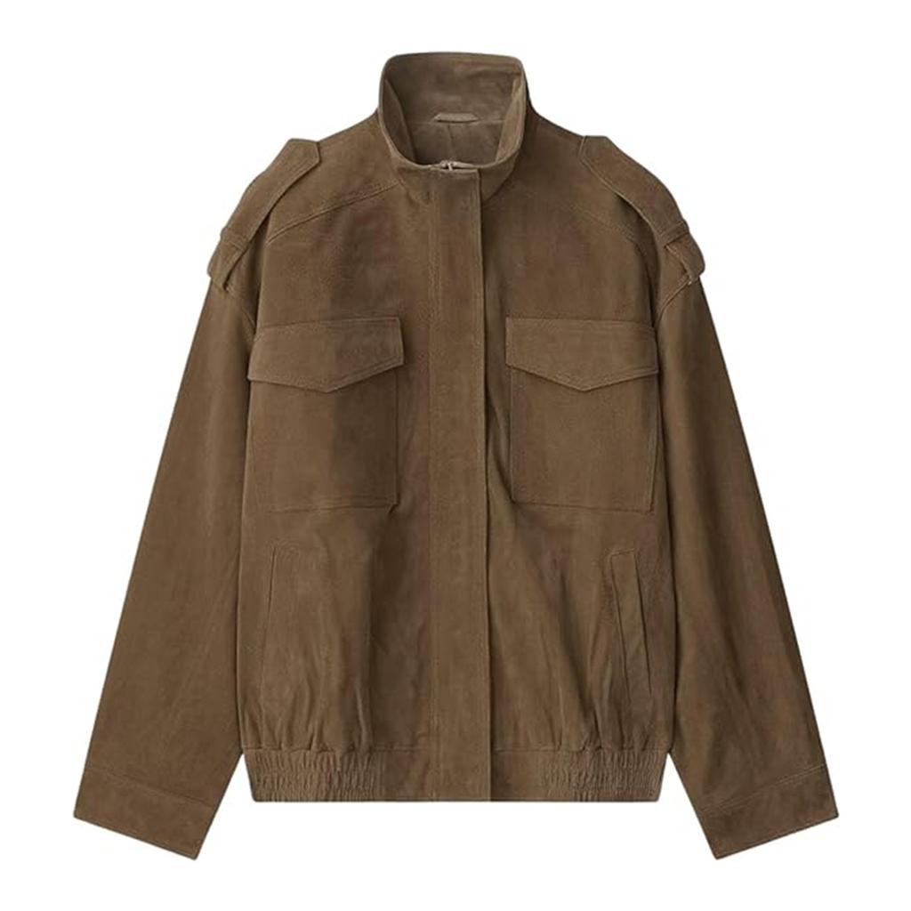 Women's Fashionable Long-sleeved Stand-up Collar Suede Pocket Fleece Texture Jacket