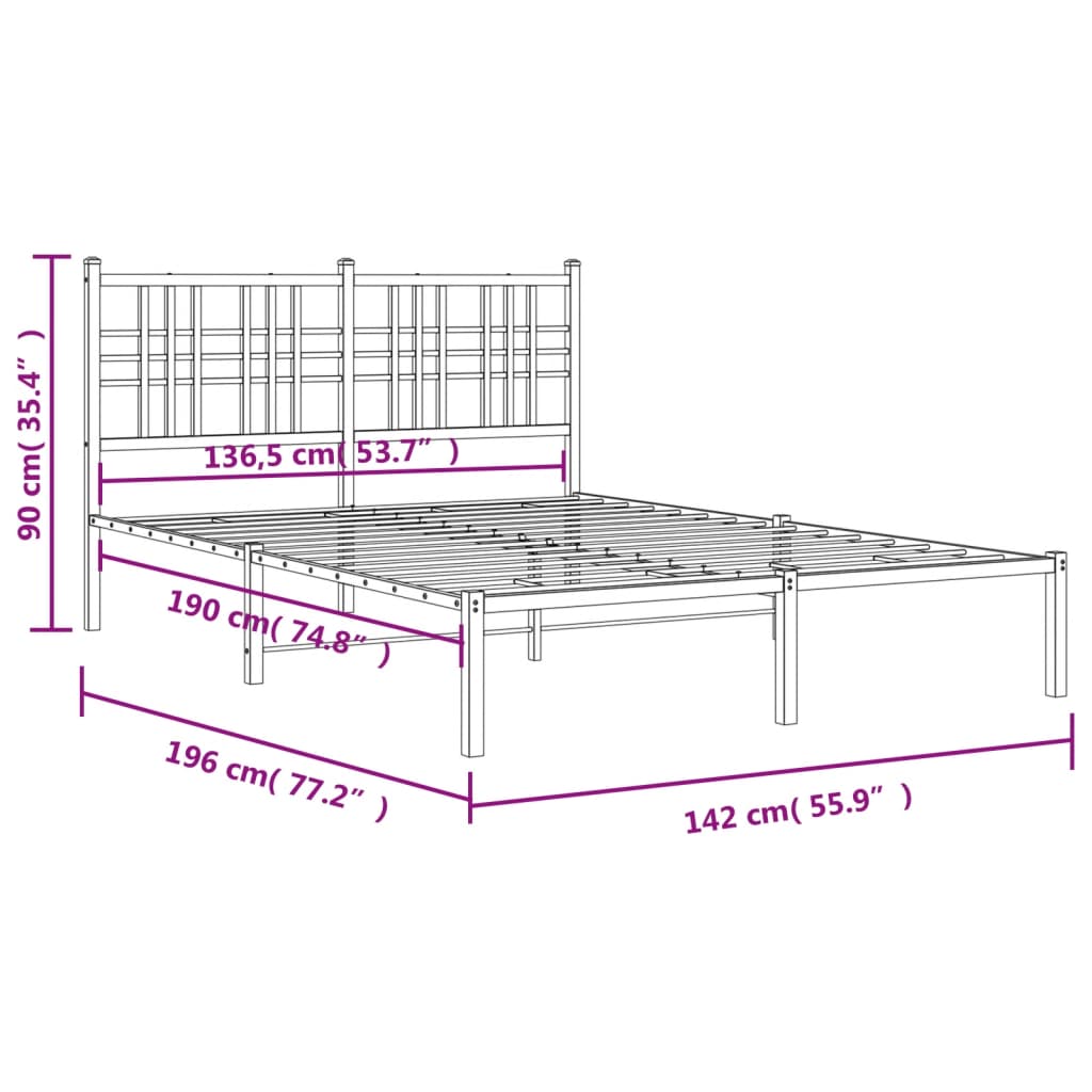 Metal Bed Frame with Headboard Black 135x190 Cm